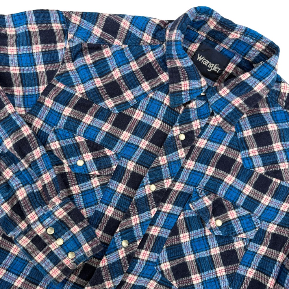 Wrangler Western Pearl Snap Shirt Mens M Blue Pink Plaid Long Sleeve Cowboy Work